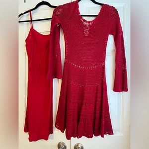 Free People Crochet Dress Bell Sleeves Red Size M